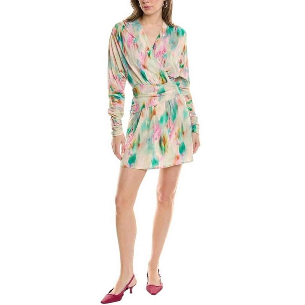 IRO Size 36 US 4 Small Zola Mini Dress Watercolor Print Surplice Neck TINY FLAW